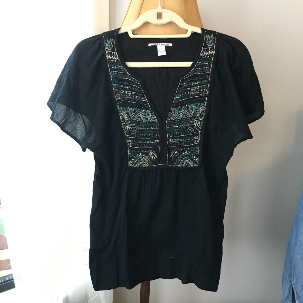 Lucky Brand Embroidered Flutter-Sleeve Blouse